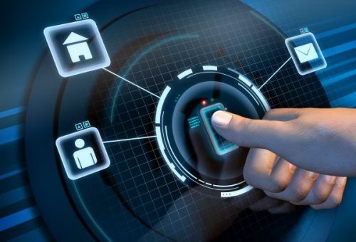 Access Control System for Your Business – Panda Locksmith Chicago Fingerprint recognition used to access a software interface. Digital illustration.